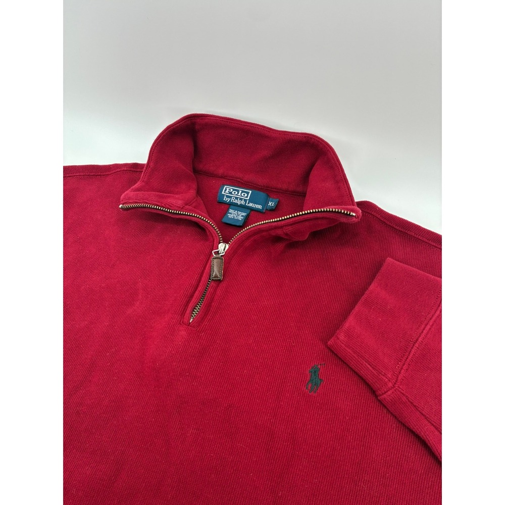 VNTG Polo Ralph Lauren XL Red 1/4 Zip Cotton Ribbed‎ Pullover Sweater USA Made